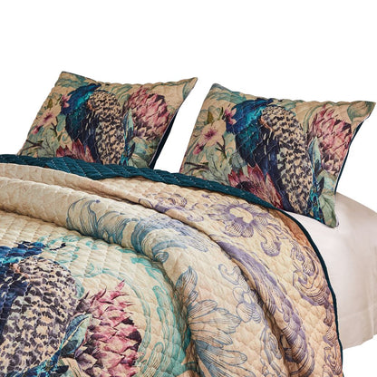 Ufa 36 Inch Quilted King Pillow Sham, Peacock Print, Vermicelli Stitching - View 2