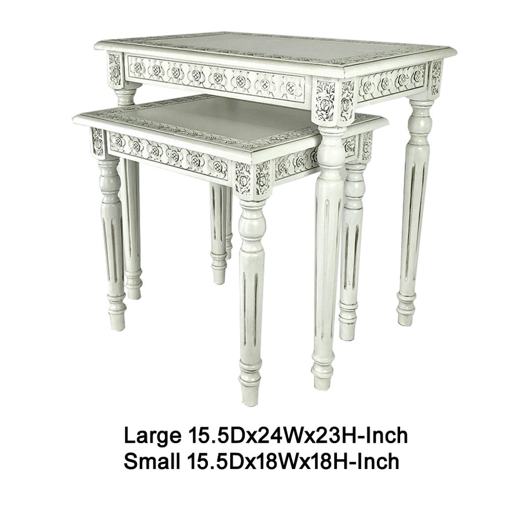 Elegantly Engraved Wooden Frame Nesting Table, Set of 2, Antique White - View 6