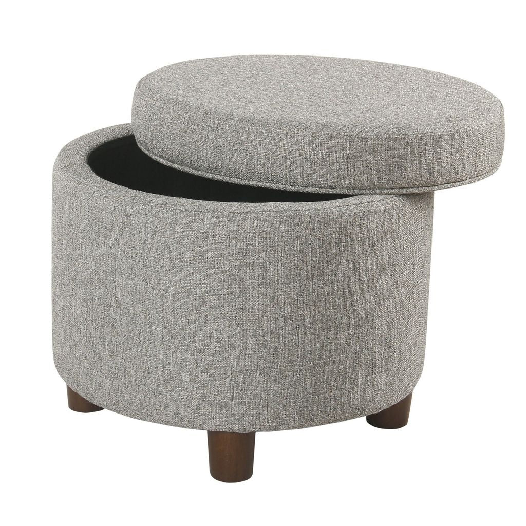 Fabric Upholstered Round Wooden Ottoman with Lift Off Lid Storage, Light Gray - View 4