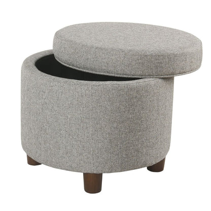 Fabric Upholstered Round Wooden Ottoman with Lift Off Lid Storage, Light Gray - View 4