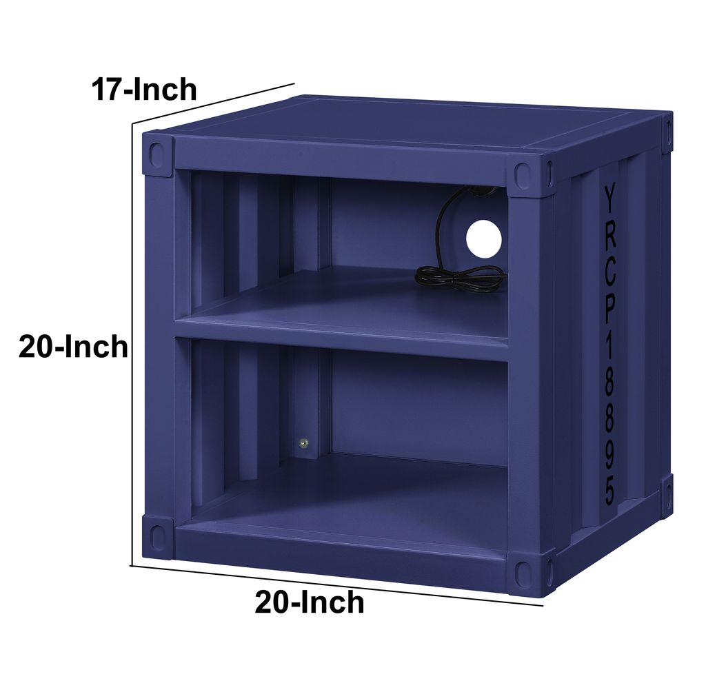 Metal Nightstand with 2 Open Compartment and USB Port, Blue - View 5