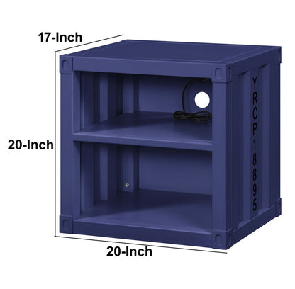 Metal Nightstand with 2 Open Compartment and USB Port, Blue - View 5