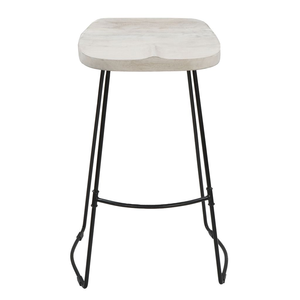 Tiva 30 Inch Handcrafted Backless Barstool, Whitewashed Mango Wood Saddle Seat, Black Metal Base - View 2