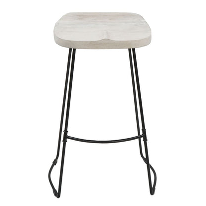 Tiva 30 Inch Handcrafted Backless Barstool, Whitewashed Mango Wood Saddle Seat, Black Metal Base - View 2