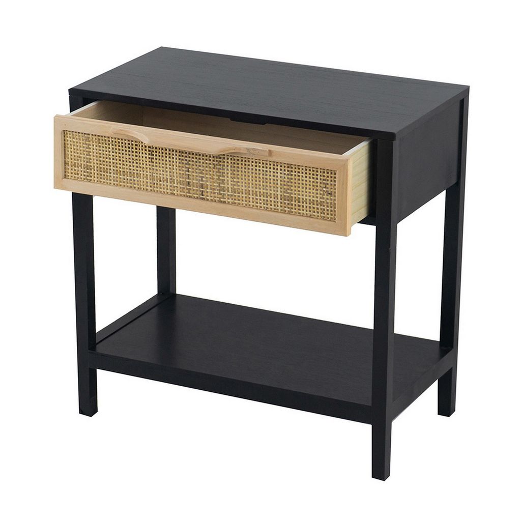 Rosette 22 Inch Side End Table, Natural Brown Rattan Front Drawer, Open Shelf, Black Mango Wood Fram - View 2