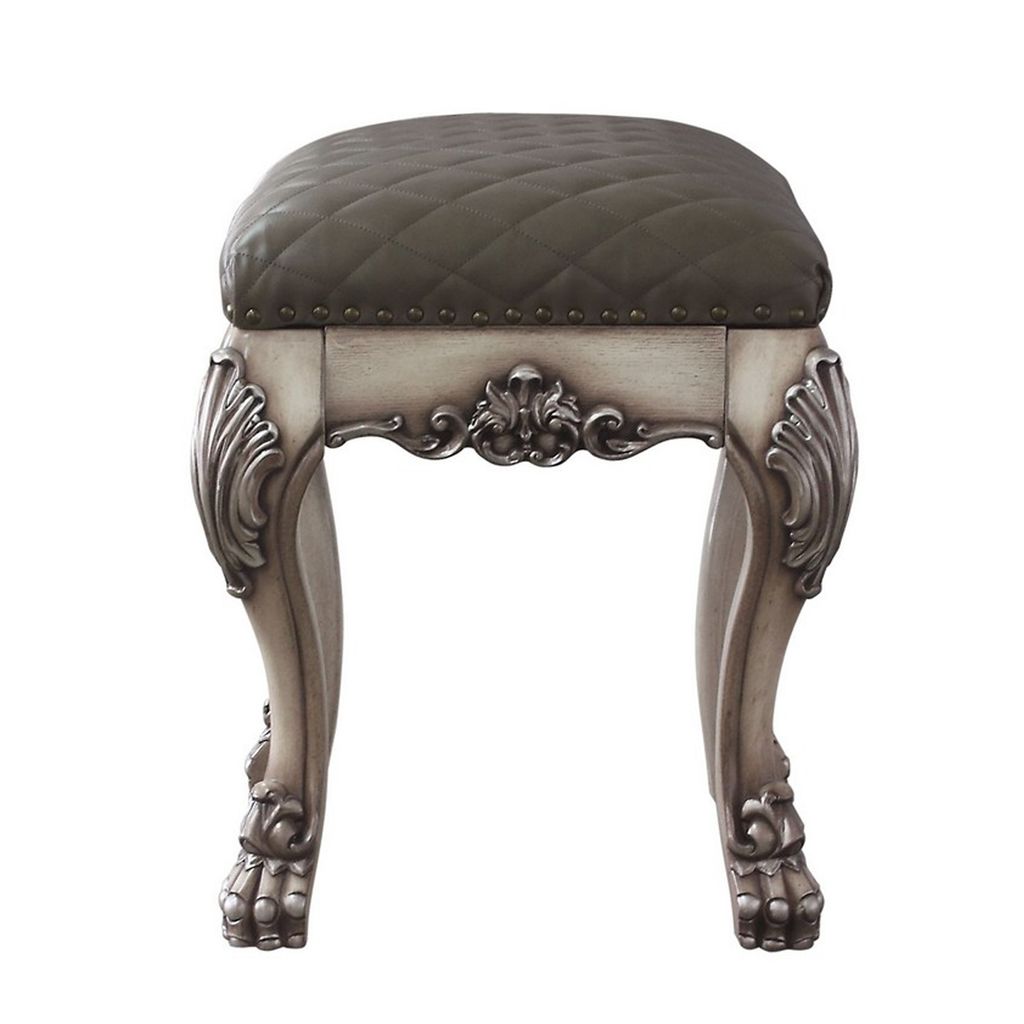 Traditional Wooden Vanity Stool with Leatherette Set and Clack Legs, Gray - View 3