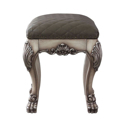 Traditional Wooden Vanity Stool with Leatherette Set and Clack Legs, Gray - View 3