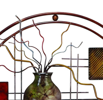 22 Inch Round Metal Wall Decor With Vase, Multicolor - View 2