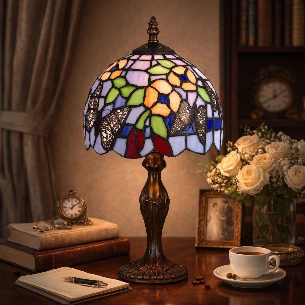 Metal Body Tiffany Table Lamp with Butterfly Design Shade, Multicolor - View 7
