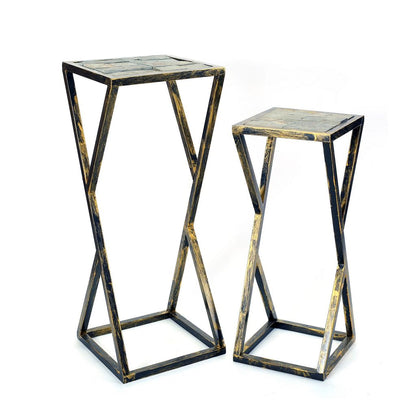 Stone Top Plant Stand with Geometric Base, Set of 2, Black and Gray
