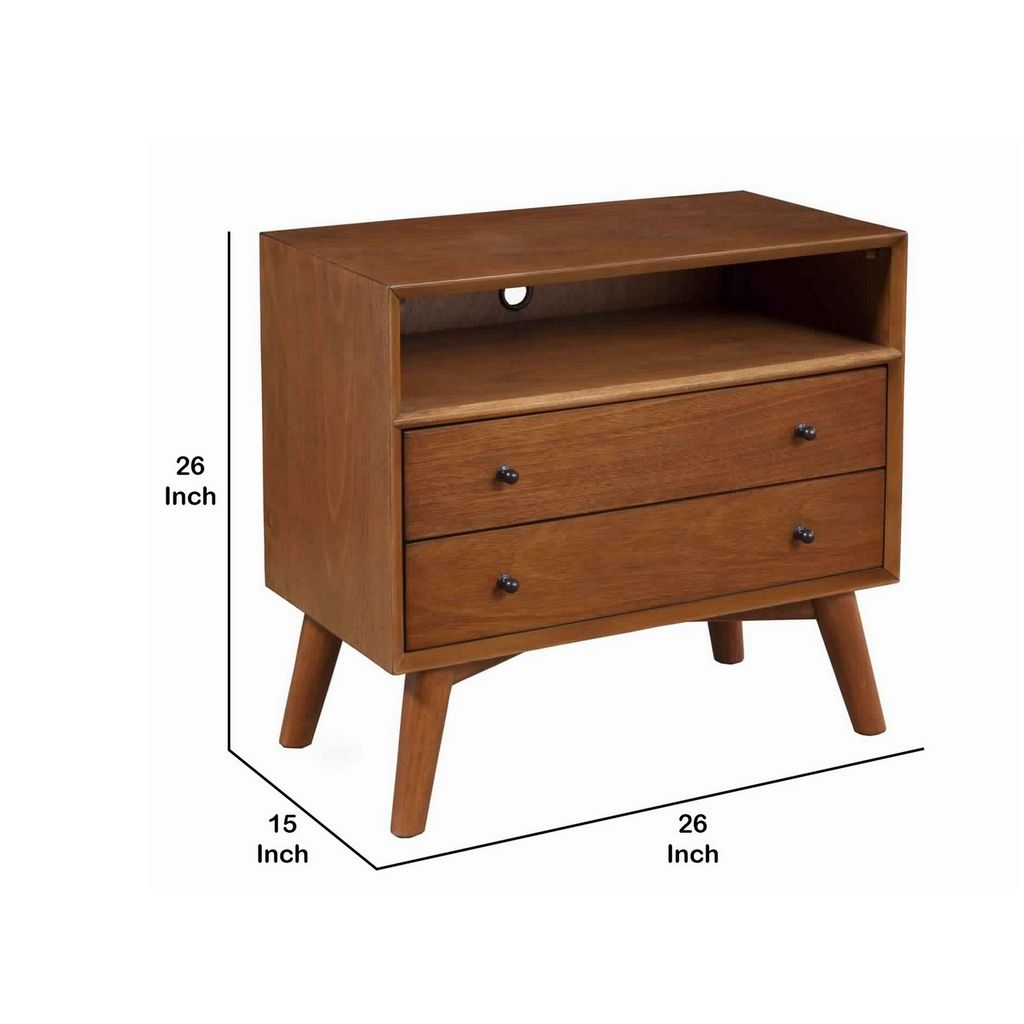 2 Drawer Wooden Nightstand with Open Compartment and Splayed Legs, Brown - View 6