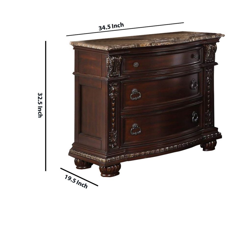 European Style Nightstand with 3 Drawers and Marble Top, Dark Cherry Brown - View 5