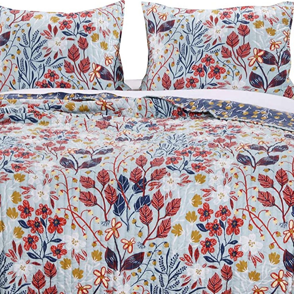 Full Size 3 Piece Polyester Quilt Set with Floral Prints, Multicolor - View 4