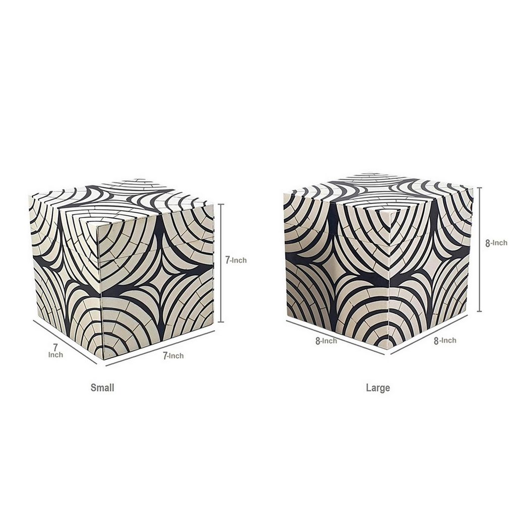 8, 7 Inch Storage Box Set of 2, Wood Frame, Black and White Trellis - View 5