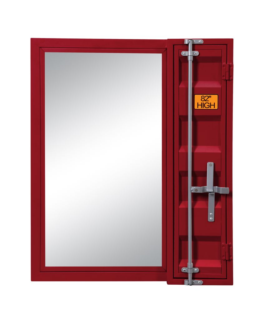 Industrial Style Metal Vanity Mirror with Recessed Door Storage, Red