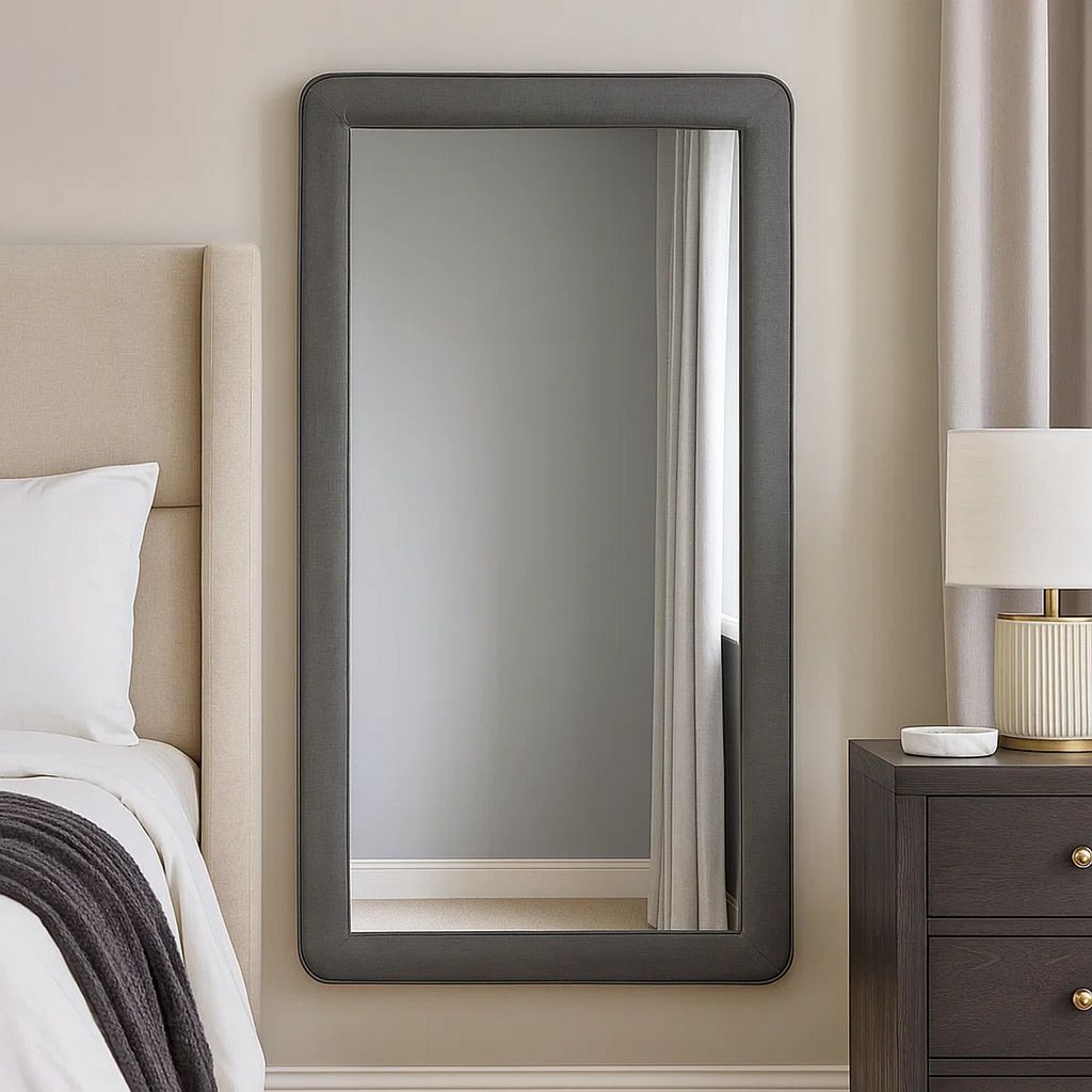 Fabric Upholstered Wooden Frame Mirror with Welt Trim, Light Gray - View 7