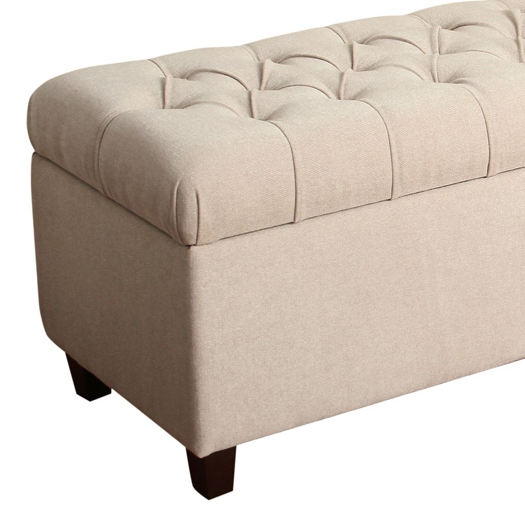Fabric Upholstered Button Tufted Wooden Bench With Hinged Storage, Cream and Brown - View 2