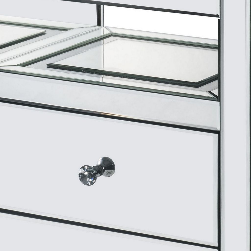 2 Drawer Beveled Mirrored Accent Table with Glass Top and LED, Silver - View 4