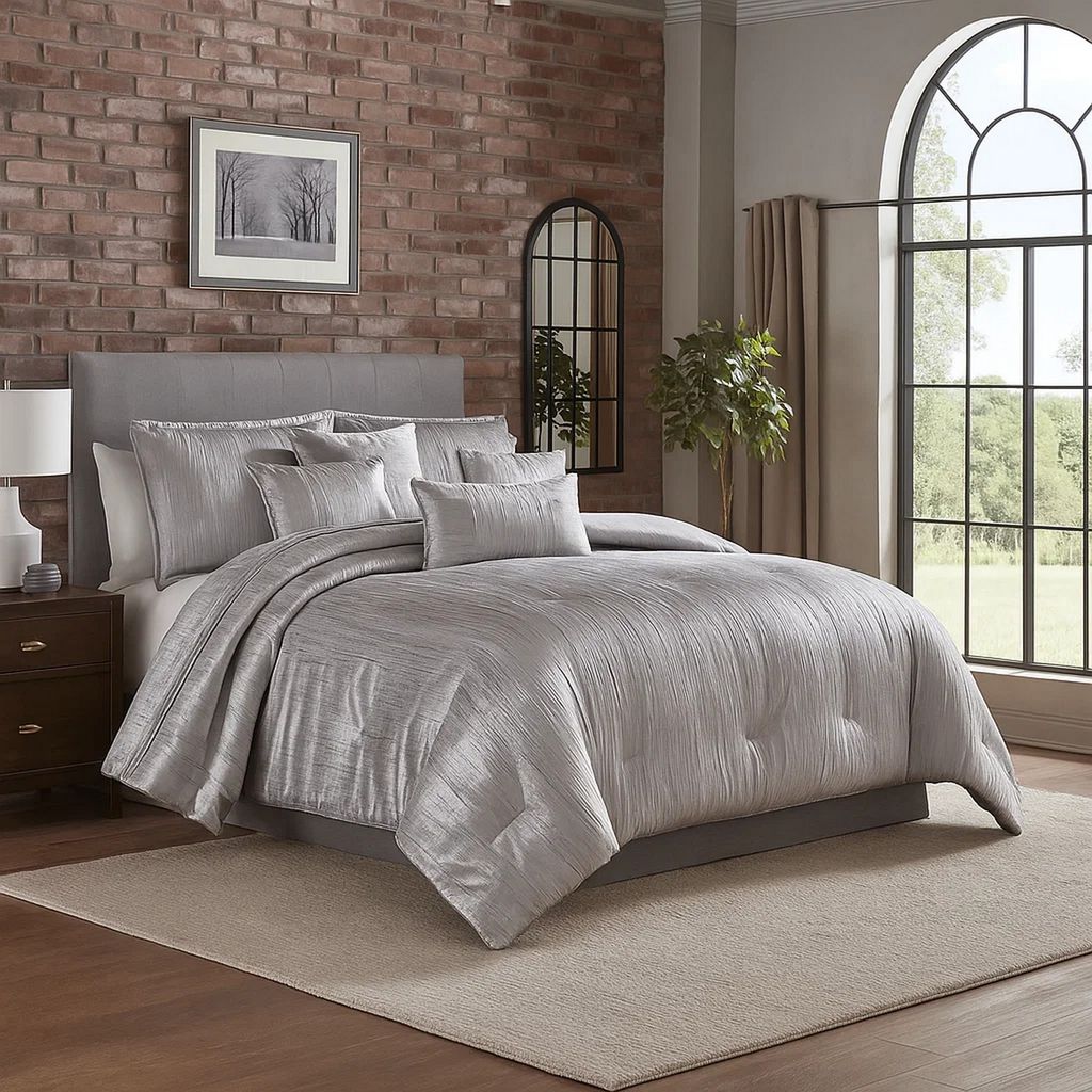 King Size 7 Piece Fabric Comforter Set with Crinkle Texture, Silver - View 7