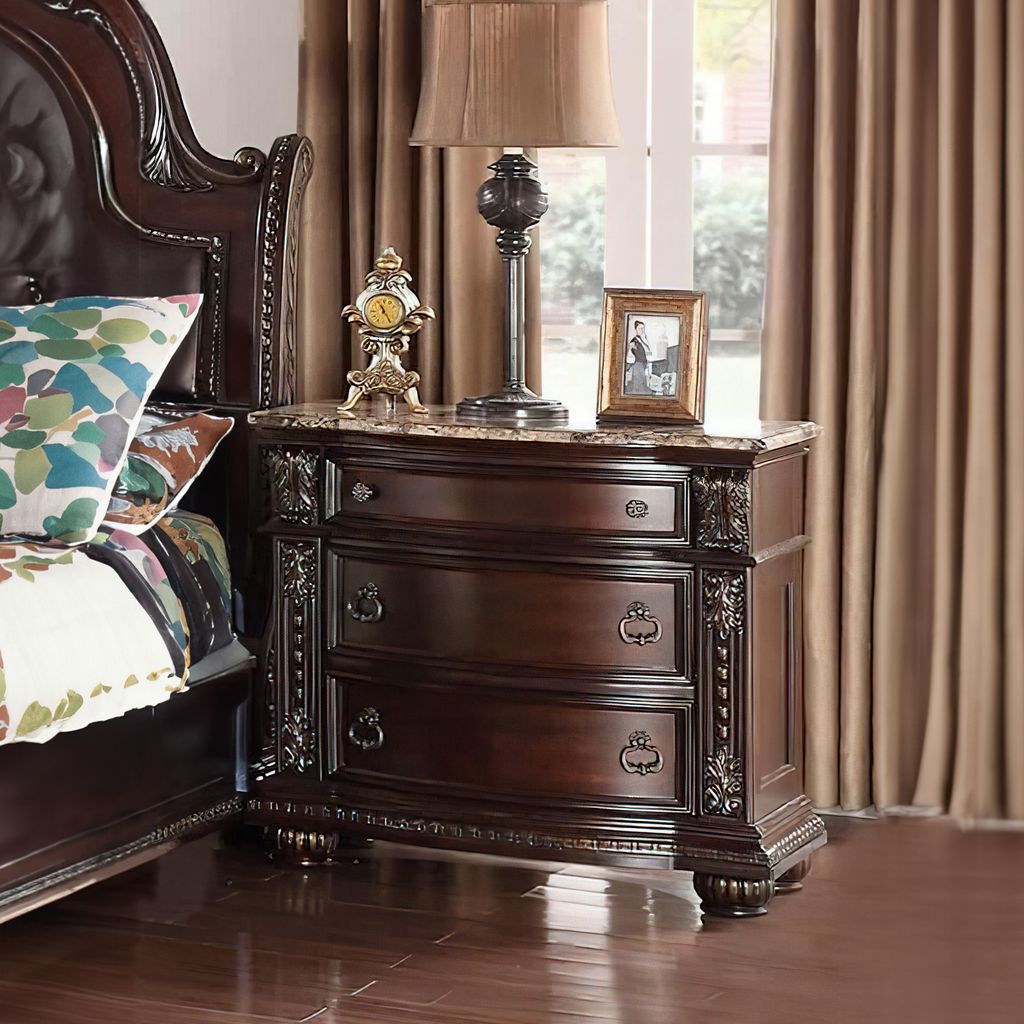 Sany Wooden Nightstand with Three Spacious Drawers and Bun Feet, Cherry Brown - View 7