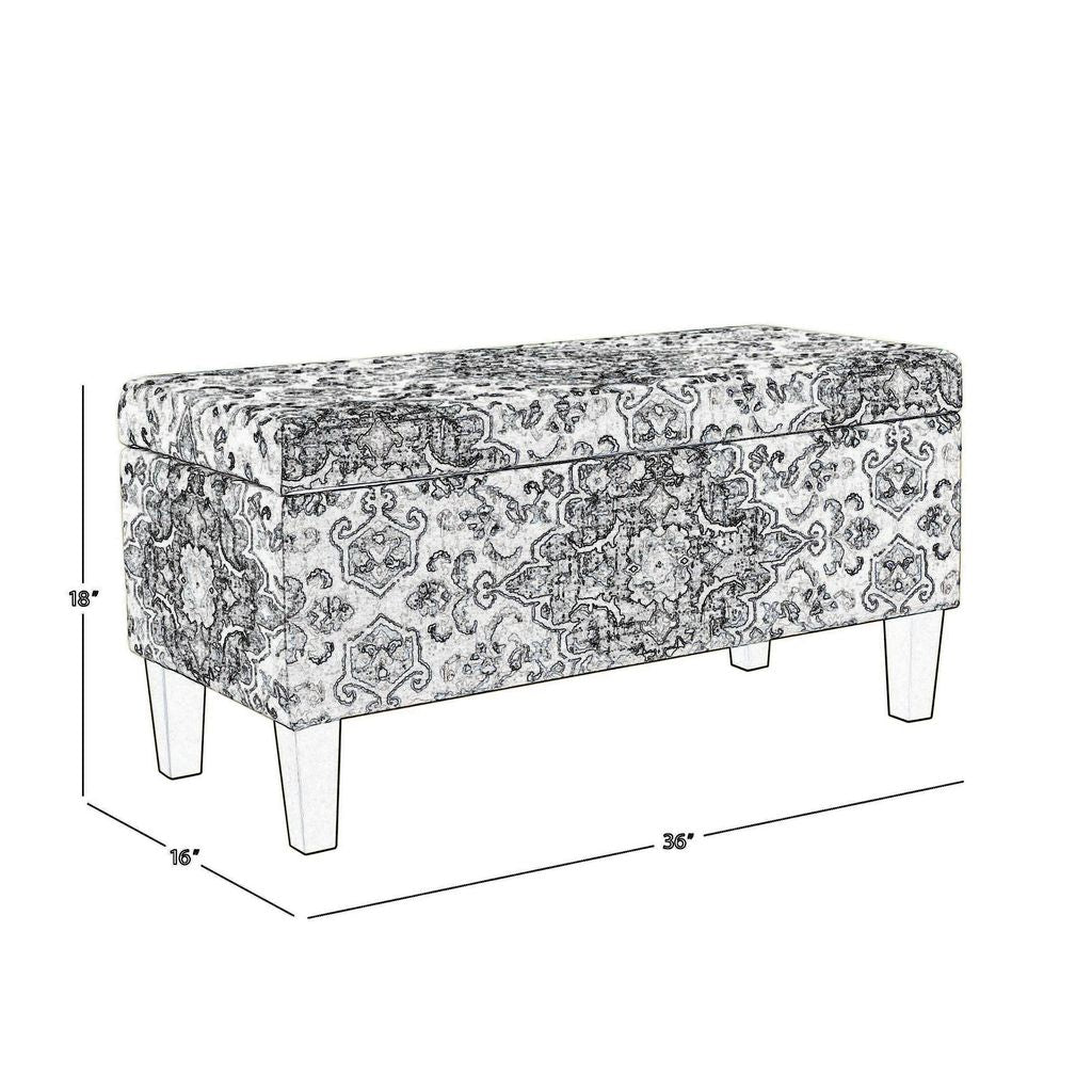 Medallion Print Fabric Upholstered Wooden Bench With Hinged Storage, Large, Blue and Cream - View 6