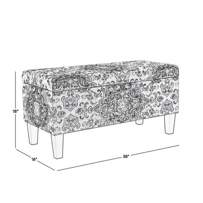 Medallion Print Fabric Upholstered Wooden Bench With Hinged Storage, Large, Blue and Cream - View 6
