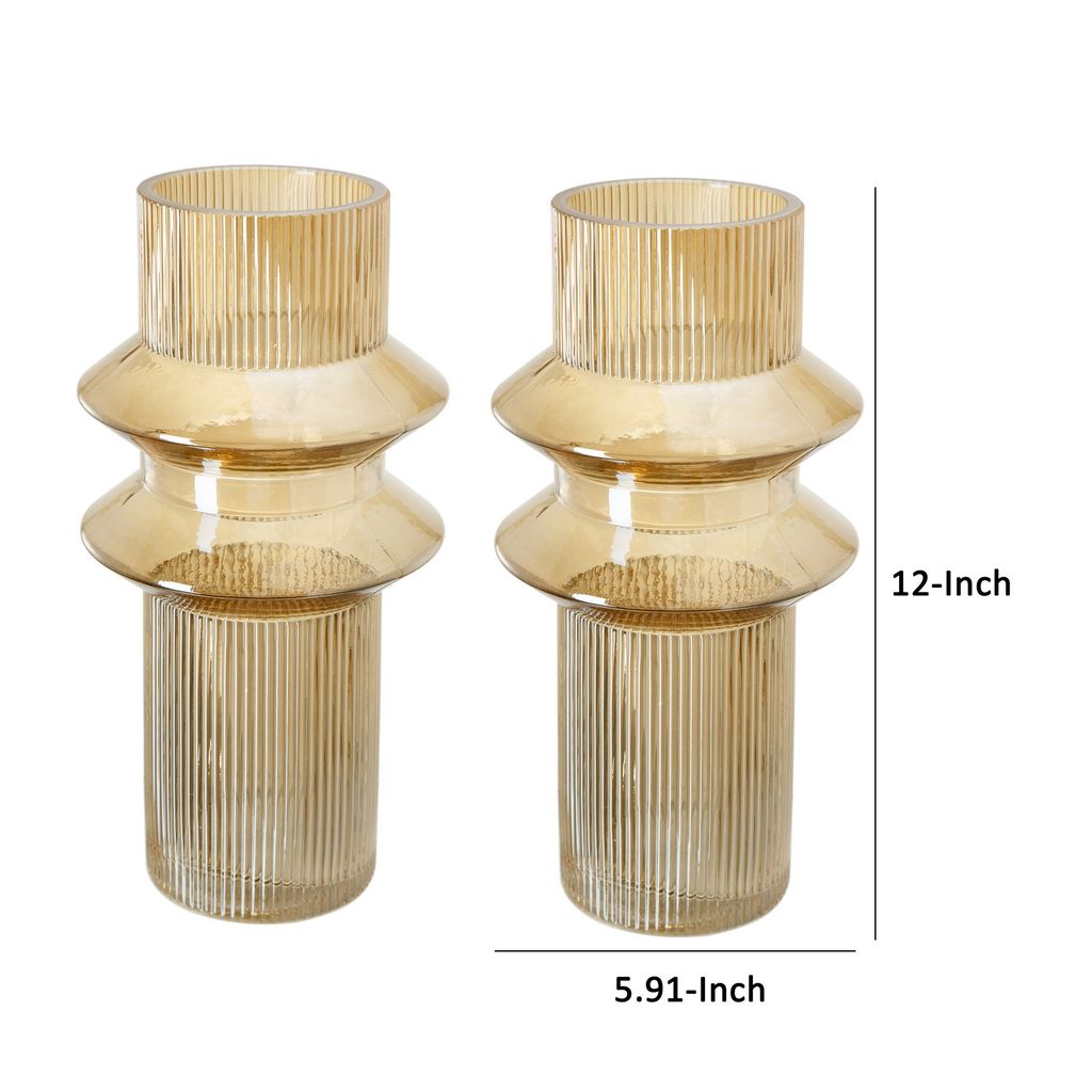 Rae Set of 2 Glass Vases, Tall Round Cylinders, Amber Yellow, Clear Finish - View 5