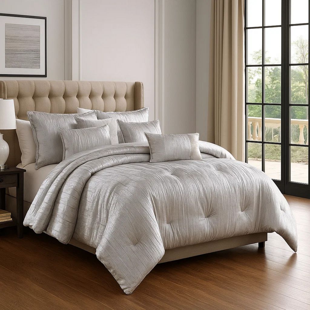 Queen Size 7 Piece Fabric Comforter Set with Crinkle Texture, Silver - View 7