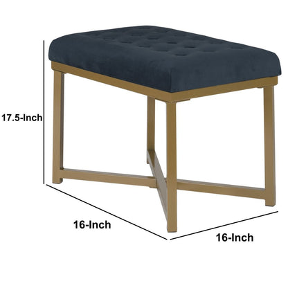 Metal Framed Bench with Button Tufted Velvet Upholstered Seat, Dark Blue and Gold - View 5