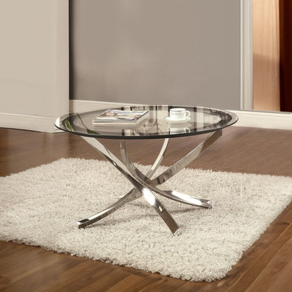 Round Tempered Glass Top Coffee Table with Metal Legs, Silver and Clear - View 7