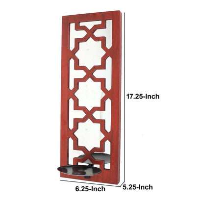 17 Inch Mirrored Wall Art Set of 2, Candle Holder Sconce, Lattice Design, Red - View 6