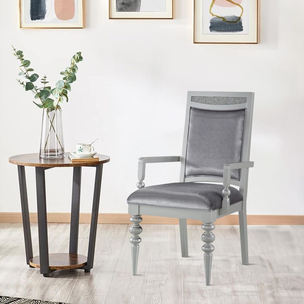 Crystal Inlaid Fabric Upholstered Wooden Arm Chair, Set of 2, Silver - View 7