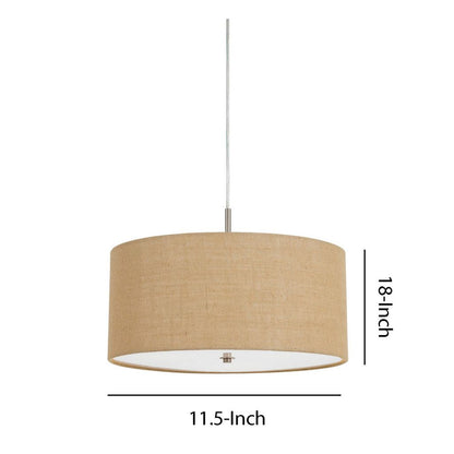 Metal Pendant Lighting with Fabric Circular Drum Shade and Cord, Beige - View 5