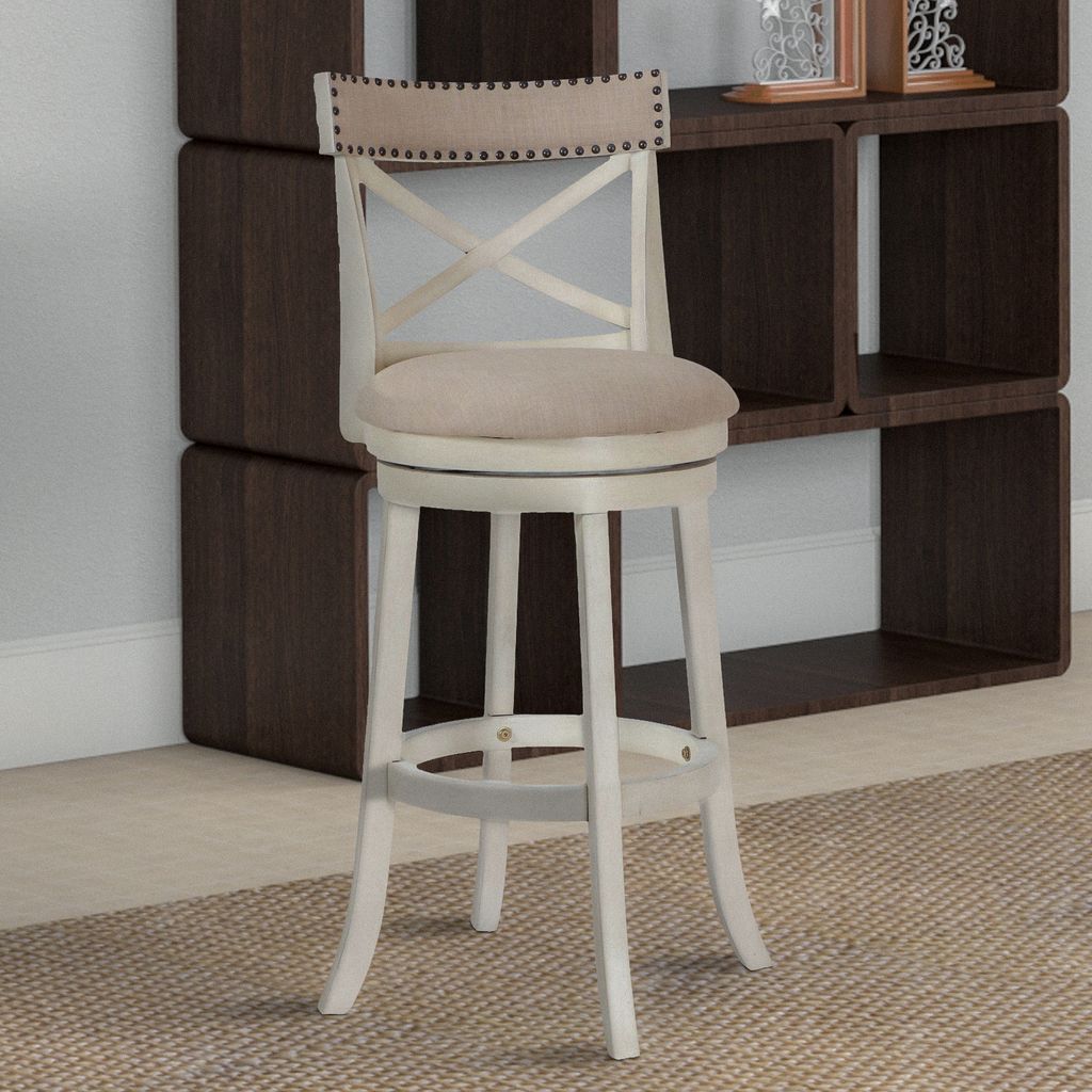 Curved X Shaped Back Swivel Barstool with Fabric Padded Seating, Antique White - View 7