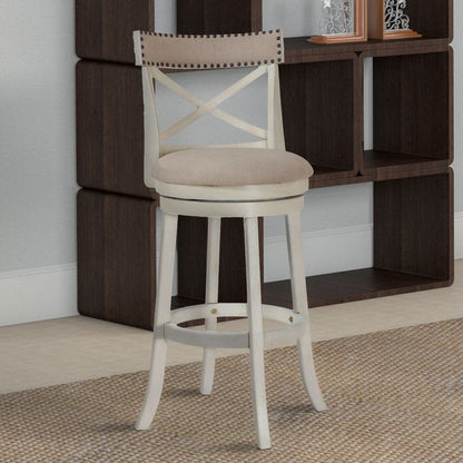 Curved X Shaped Back Swivel Barstool with Fabric Padded Seating, Antique White - View 7