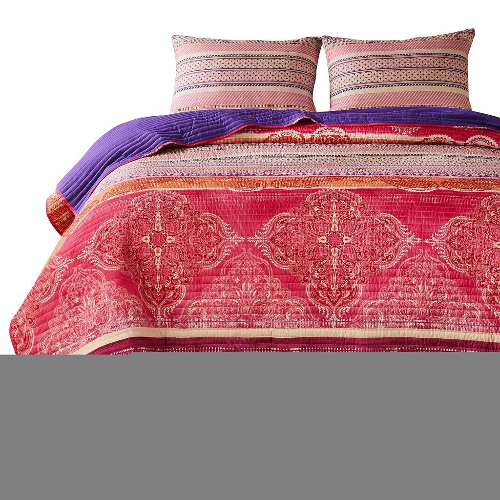 Dora 3 Piece Bohemian Full Quilt Set, Medallion, Paisley, Pink, Blue - View 5