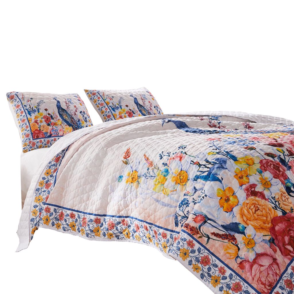 Tess Microfiber 3 Piece King Quilt Set, Peacock, Floral Print, Multicolor - View 3