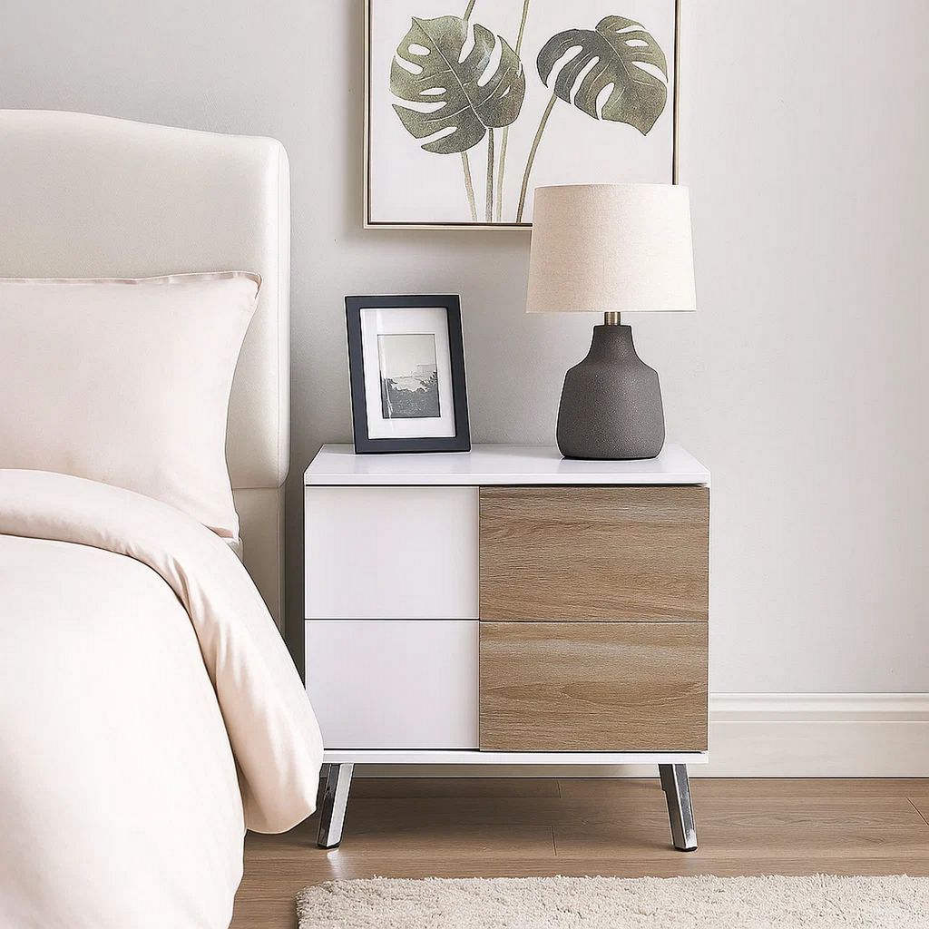 Transitional Wooden Dual Tone End Table with 2 Drawers, White and Brown - View 7