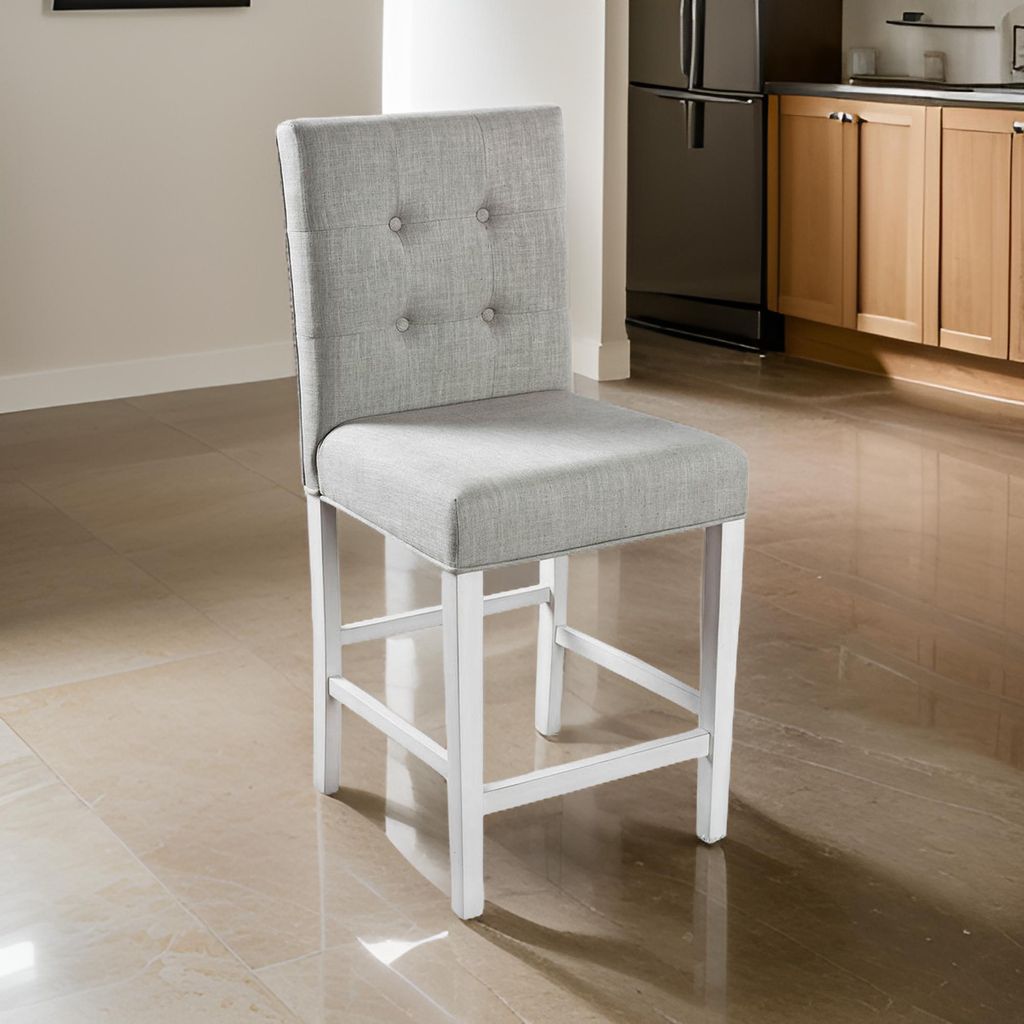 Fabric Upholstered Solid Wood Counter Height Chair, White and Gray, Pack of Two - View 7