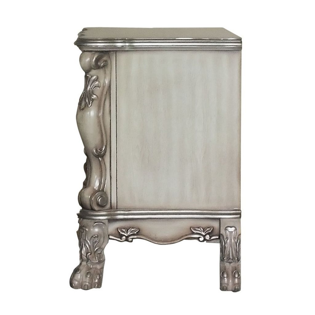 Traditional Wooden Nightstand with 2 Drawers and Carved Details, Silver - View 4