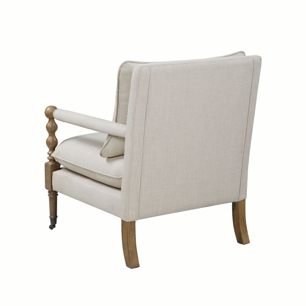 Fabric Upholstered Wooden Accent Chair with Manchette Armrest, Beige and Brown - View 3