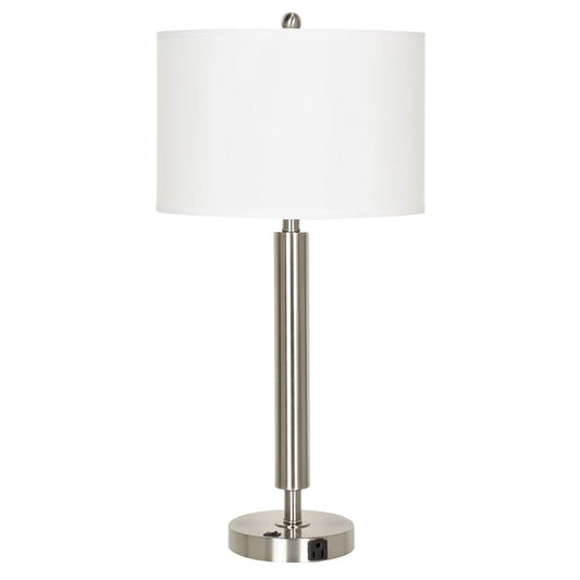 Metal Table Lamp with Fabric Drum Shade, White and Silver