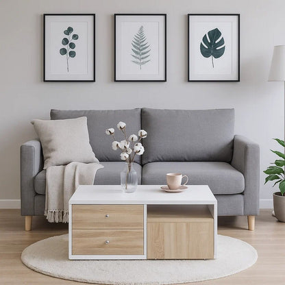 2 Drawer Contemporary Coffee Table with Pull Out Table, White and Brown - View 7