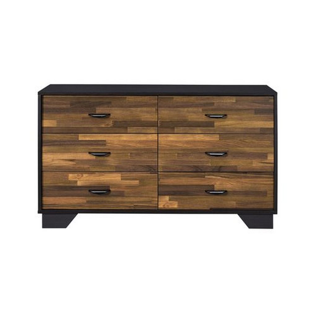 Dresser with 6 Drawers and Butcher Block Pattern, Brown and Gray - View 3