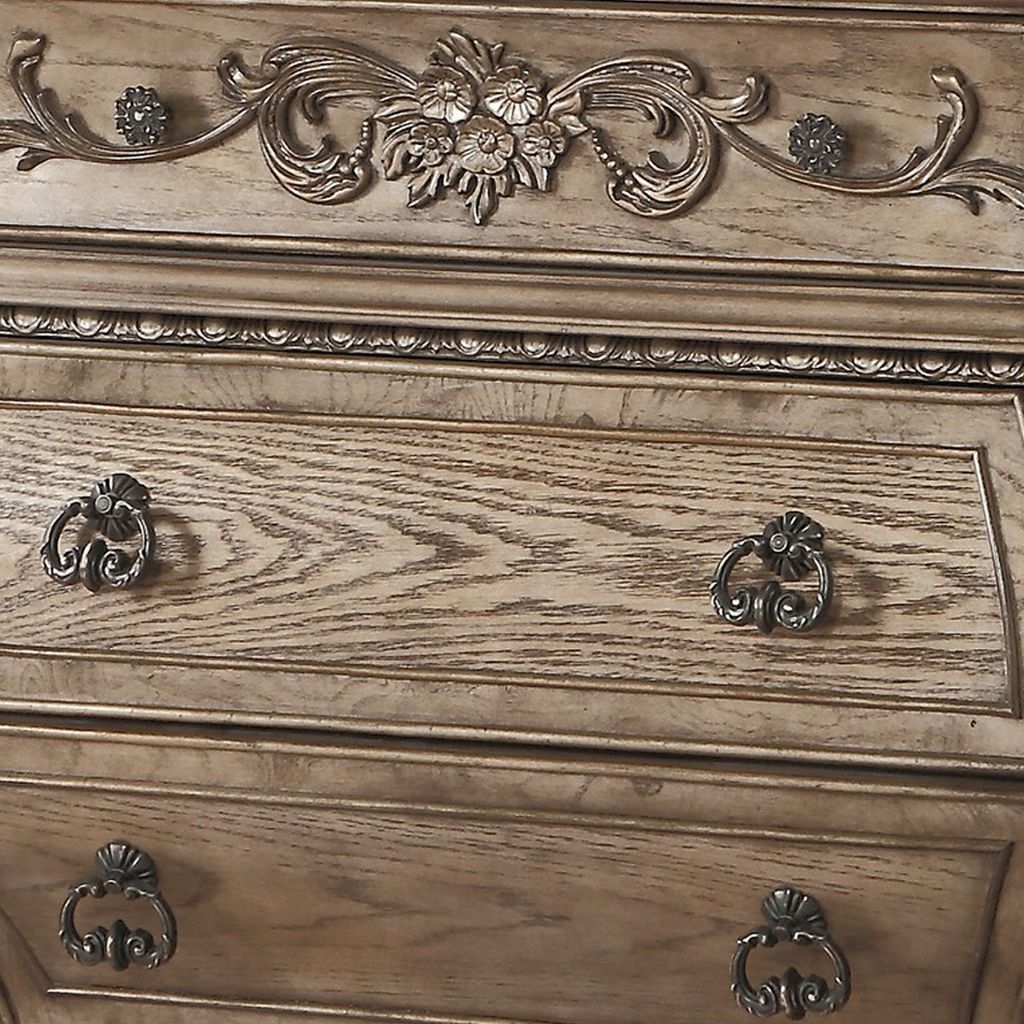 Nightstand, 3 Drawers with Antique Handles, Scrolled Legs, Vintage Oak Brown - View 4