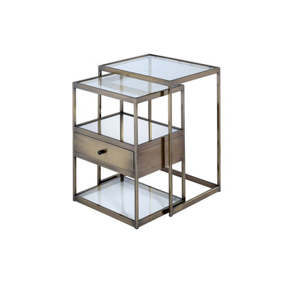 Stylish Nesting Tables Set, Clear Glass &  Brass, 2 Piece Pack