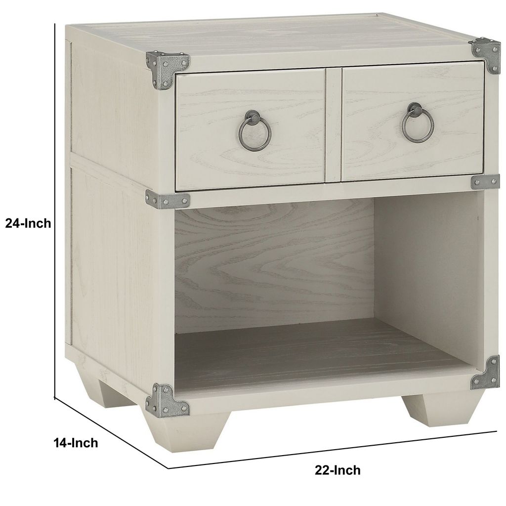Two Drawer Wooden Nightstand with Metal Ring Pulls, Gray - View 6