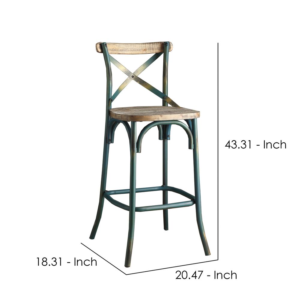 Wood & metal Bar Height Chair with X Style Panel back, Antique Sky Blue - View 6