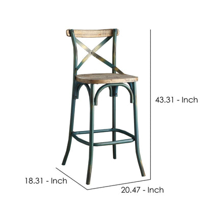 Wood & metal Bar Height Chair with X Style Panel back, Antique Sky Blue - View 6