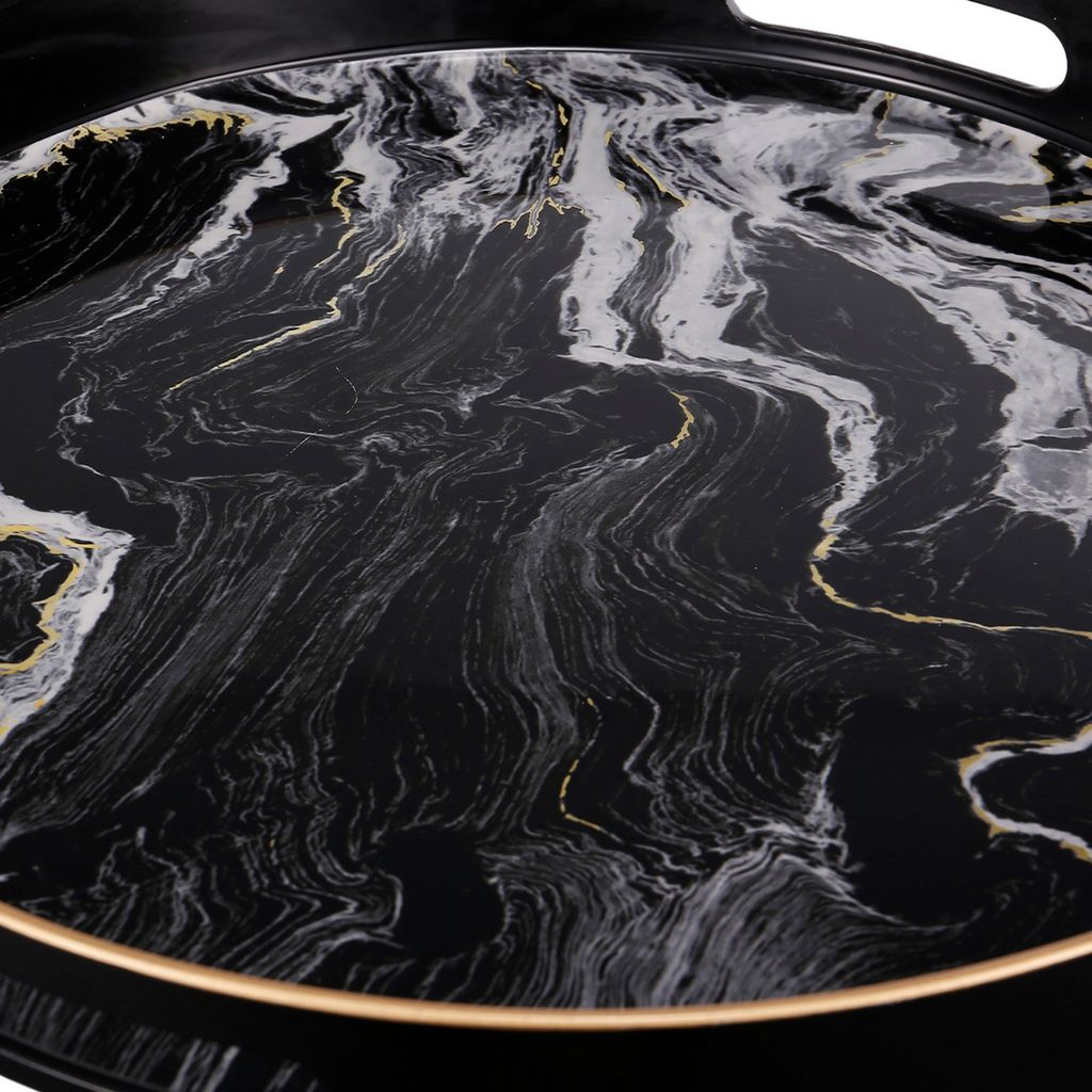 Set of 2 Round Accent Trays, Tabletop Decor, Marbling, Black, White, Gold - View 4